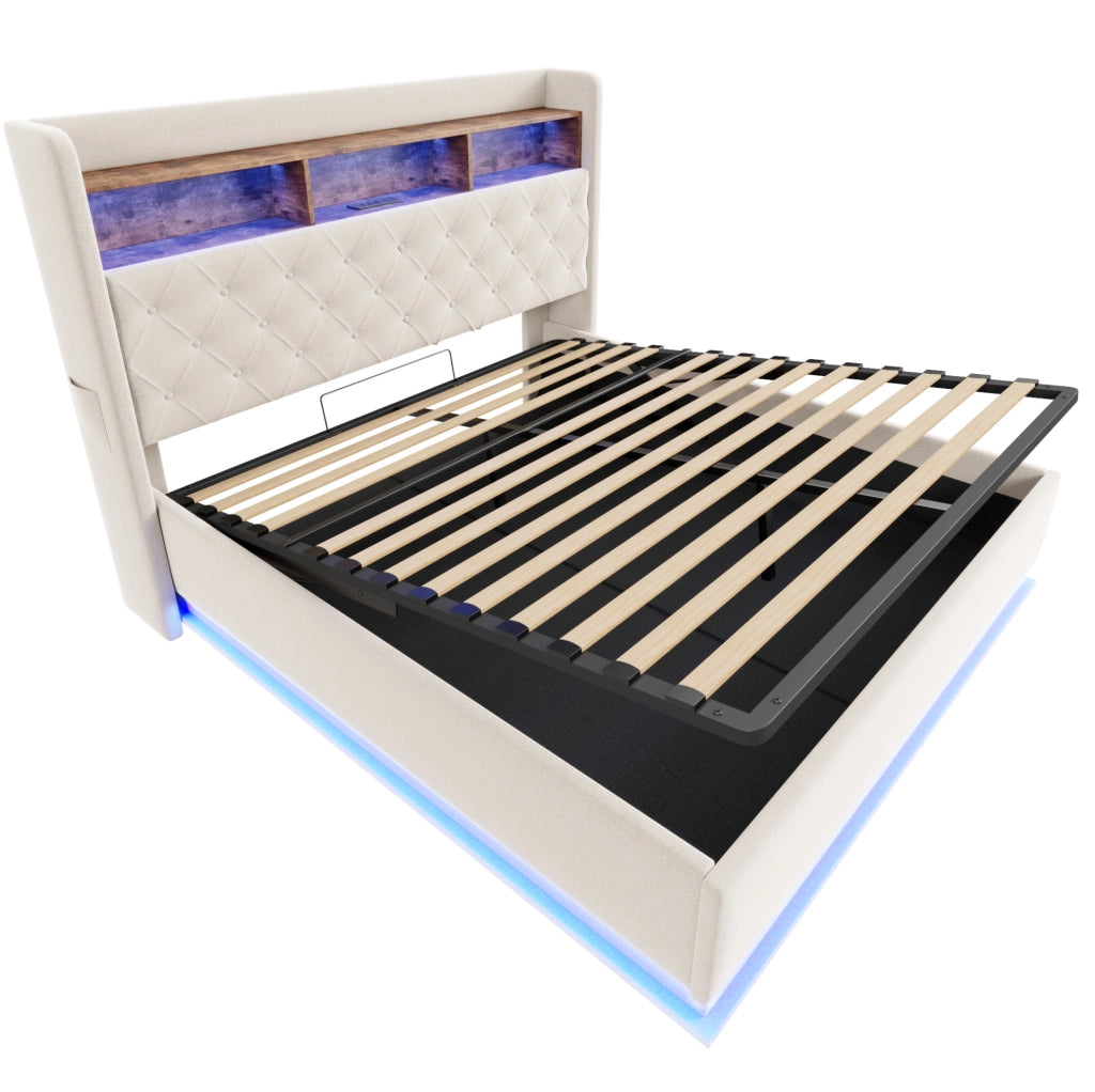 Letto imbottito LED con USB e ampio spazio contenitivo