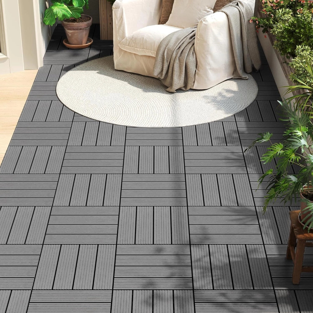 Piastrelle per Pavimenti da Esterno Balcone/Giardino/Terrazza Pavimentazione ad Incastro in WPC, Legno Composito, con 22 Pannelli da 30x30 cm Grigio Chiaro