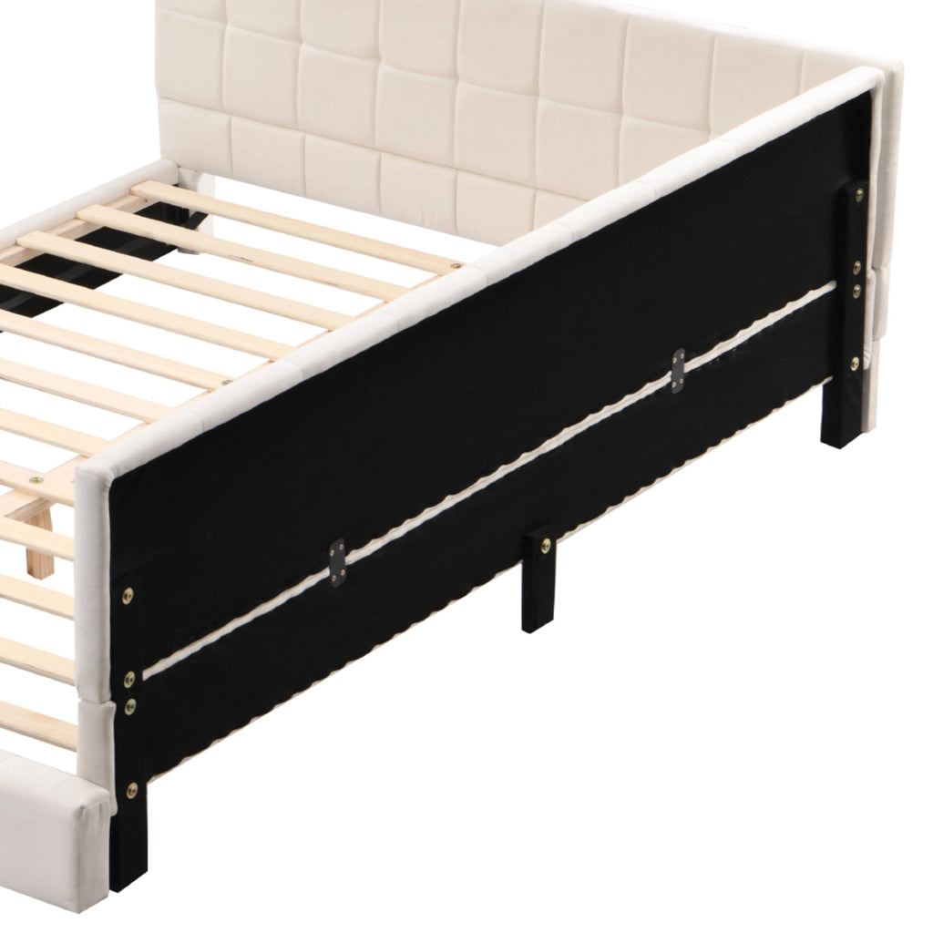 OKWISH Letto Divano 160×200 cm, Letto Matrimoniale con Schienale e Bracciolo, Schienale Reversibile, senza Materasso, Imbottito, Beige