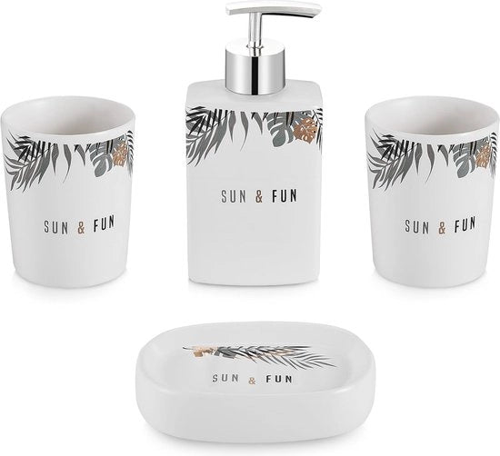 Set di accessori da bagno 4 pezzi, contenitore per sapone in ceramica, tazza per spazzolino da denti senza fori, dispensatore per sapone da bagno, dispensatore per lozione da bagno, tazza da bagno - foglio bianco, set da bagno in ceramica