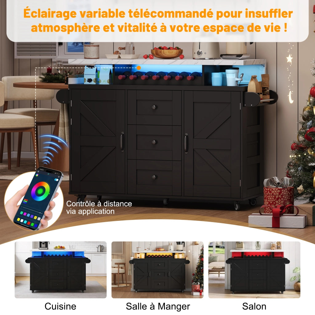 Carrello da Cucina con 2 Ante e 3 Cassetti; LED; Piano Ribaltabile; Portabicchieri e Portabottiglie; MDF
