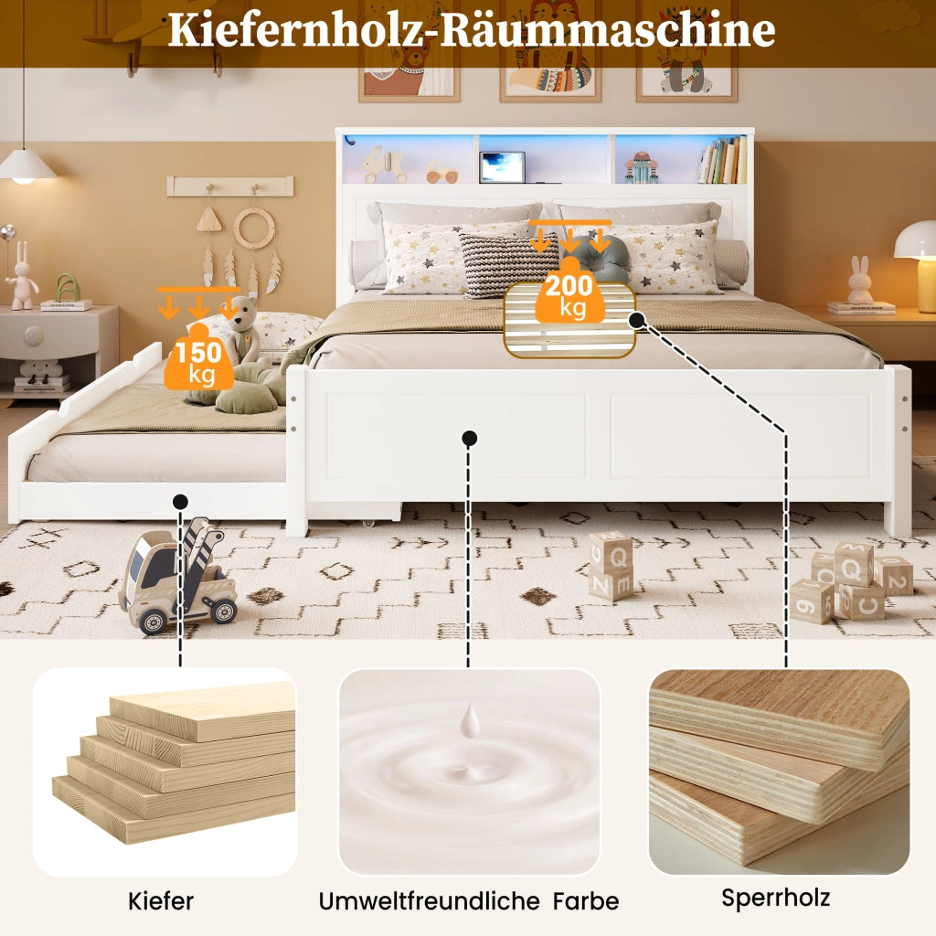 Letto Combinato 120x200 cm e 90x190 cm; Letto Matrimoniale - Estraibile; USB e LED - Bianco