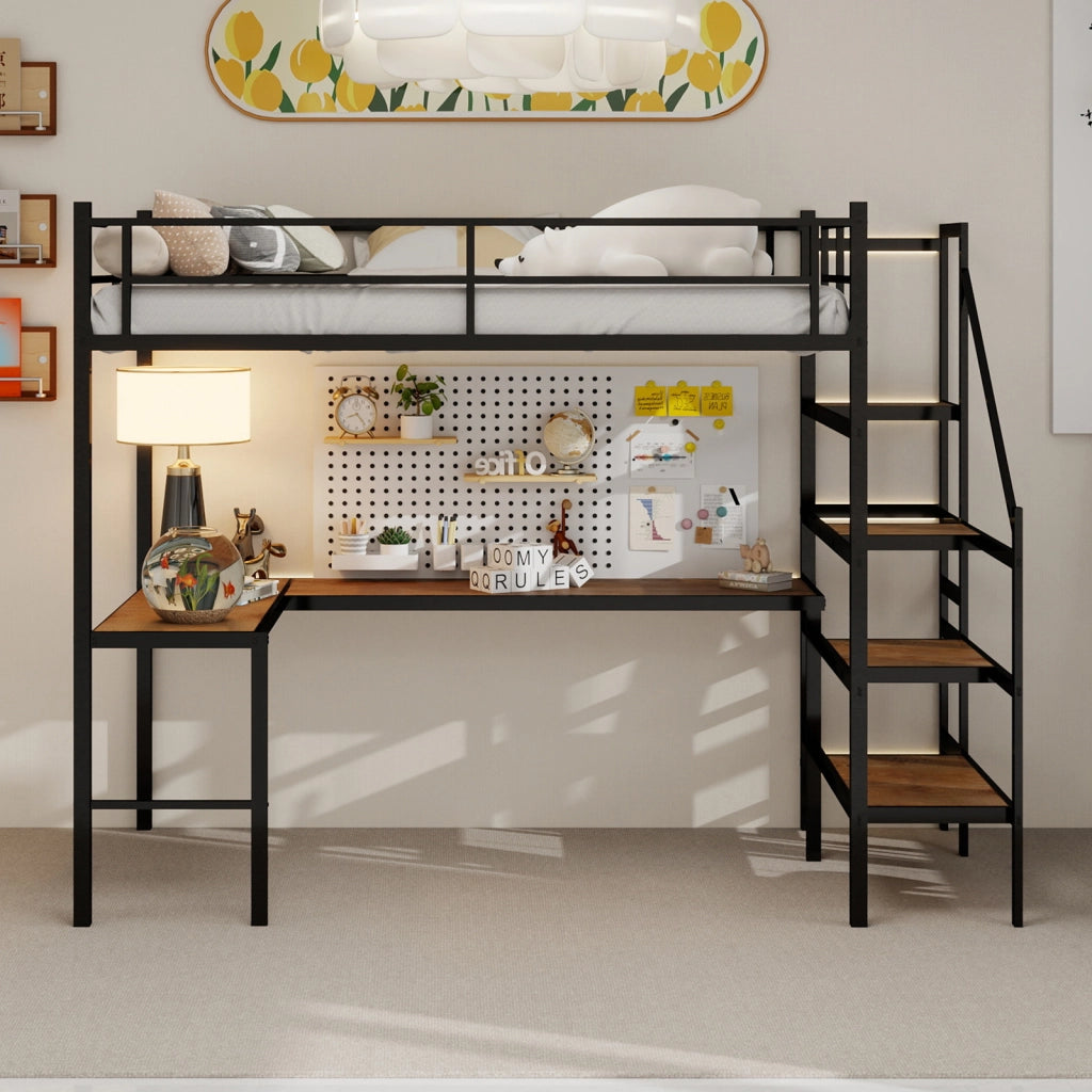 Letto a castello nero con scrivania a L funzione di stoccaggio ferro 90x190 cm