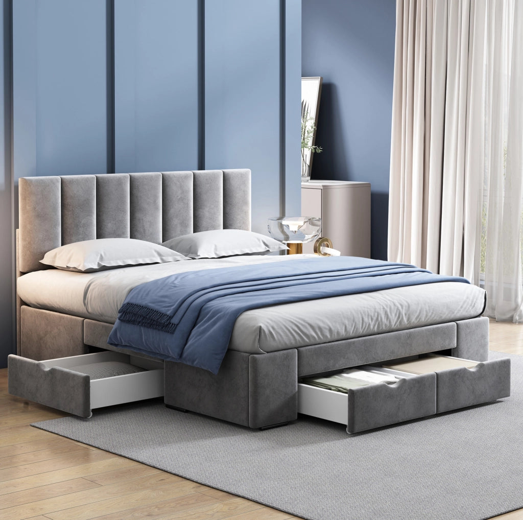 Letto imbottito 140x200 cm in velluto grigio con rete a doghe e 4 cassetti