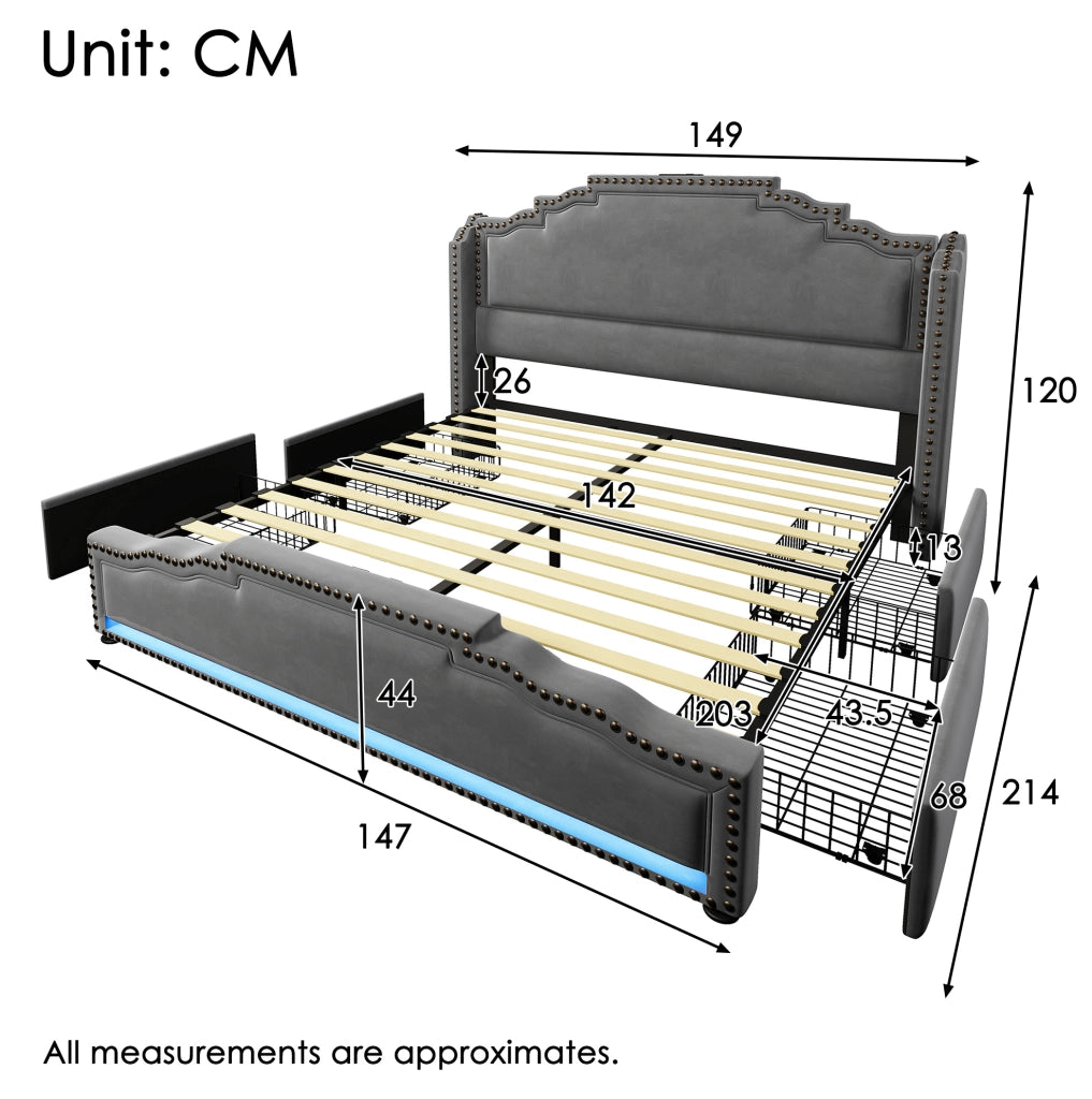 Letto imbottito 140x200 cm grigio con 4 cassetti, LED, USB e USB-C