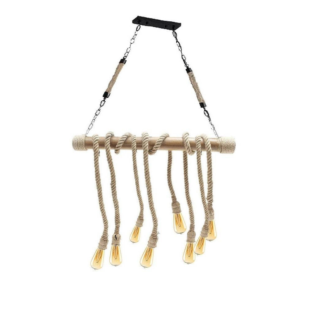 Trade Shop - Lampadario Country 8 Portalampada E27 Lampada Soffitto Retro Legno Corda B23-8 -