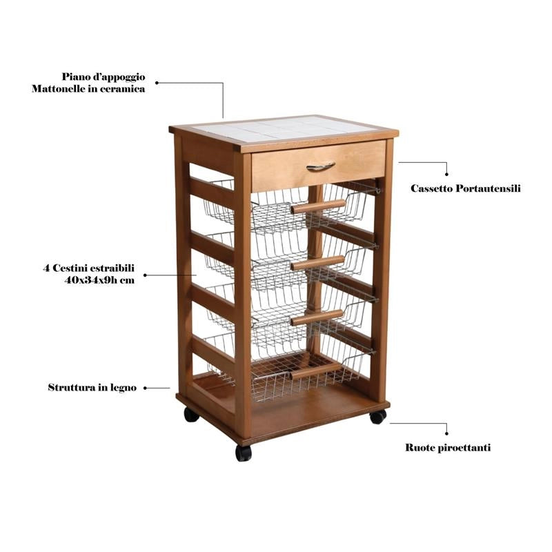 CARRELLO VESUVIO CON CASSETTO ROVERE IN FAGGIO BASE INFERIORE MULTISTRATO DI BETULLA 1 CASSETO 4 CESTELLI PIANO MATTONELLE IN CERAMICA