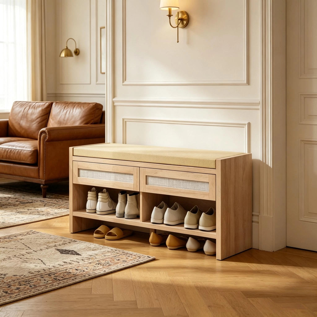 PANCA SCARPIERA 108x35x50 cm Effetto legno chiaro in MDF e rattan PE