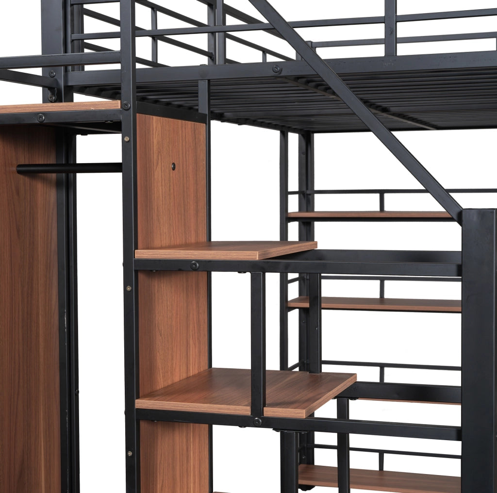Letto a soppalco 140x200 cm in metallo e MDF nero con scala contenitore e guardaroba