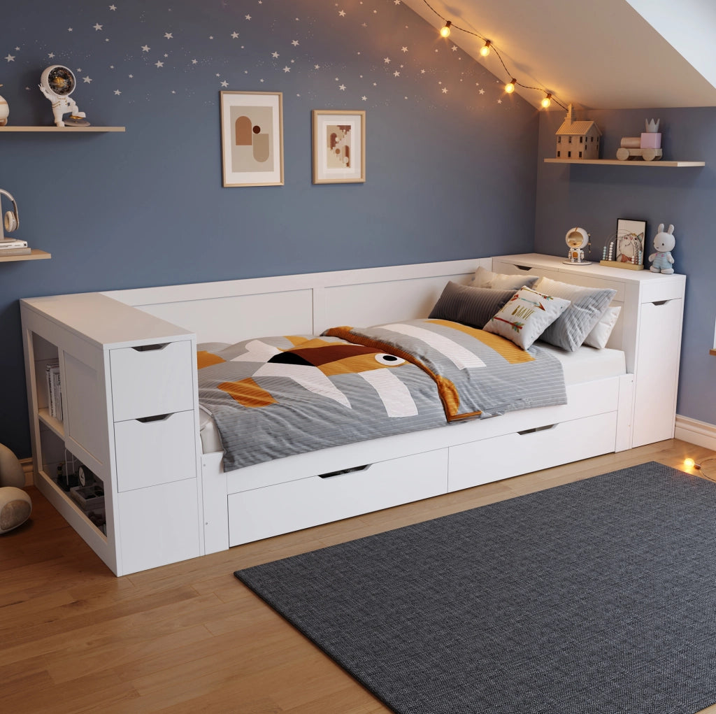 Letto per bambini multifunzione con cassetti e vano contenitore; MDF bianco