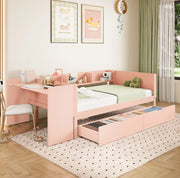 Letto singolo 90x200 cm rosa con scrivania, 2 cassetti e 3 ripiani