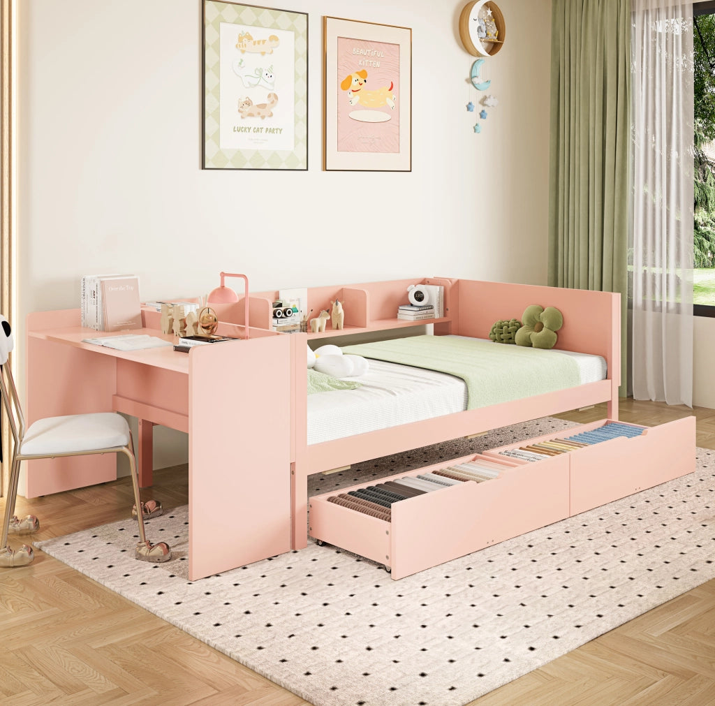 Letto singolo 90x200 cm rosa con scrivania, 2 cassetti e 3 ripiani