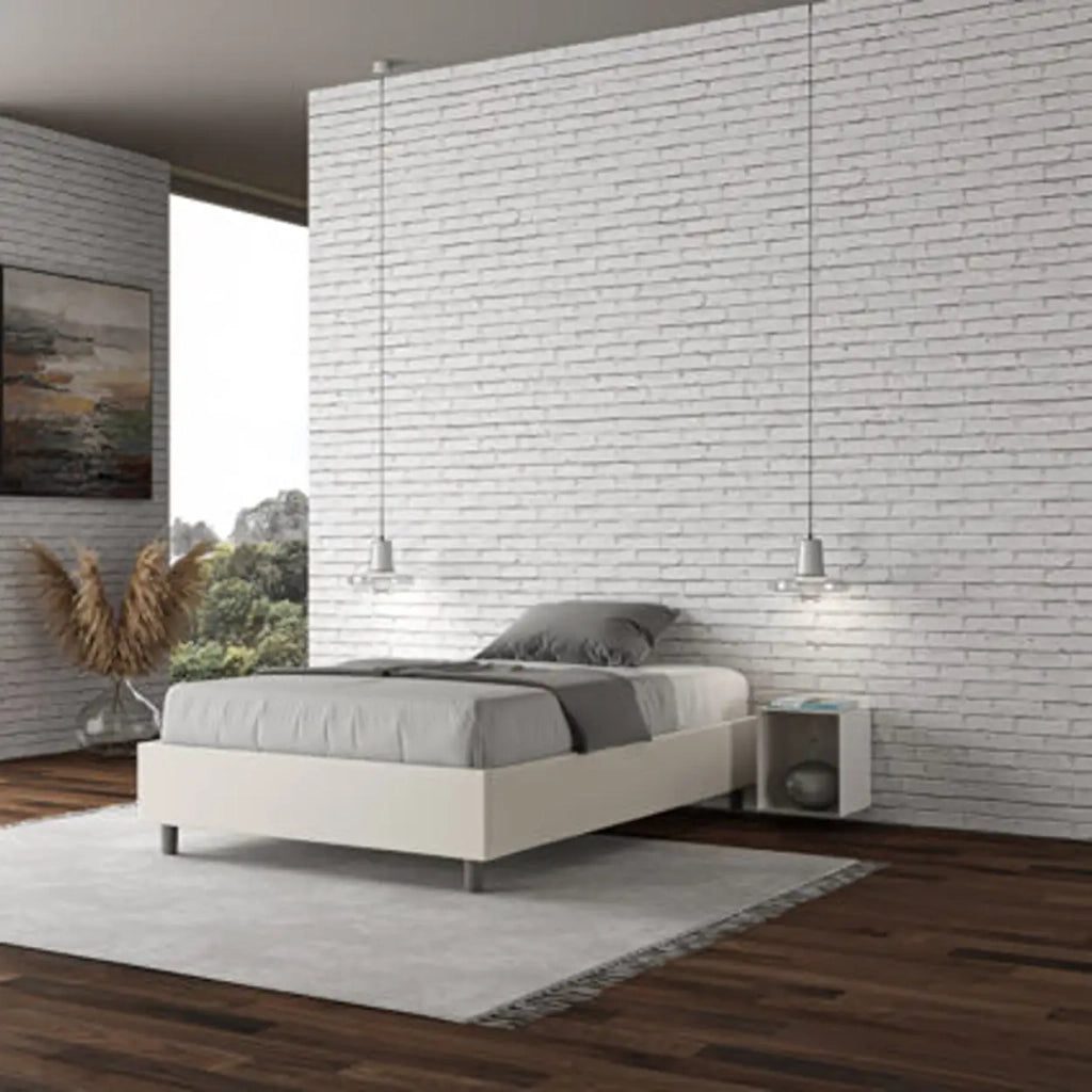 Letto matrimoniale francese con rete imbottito 140x200 similpelle bianco Azelia