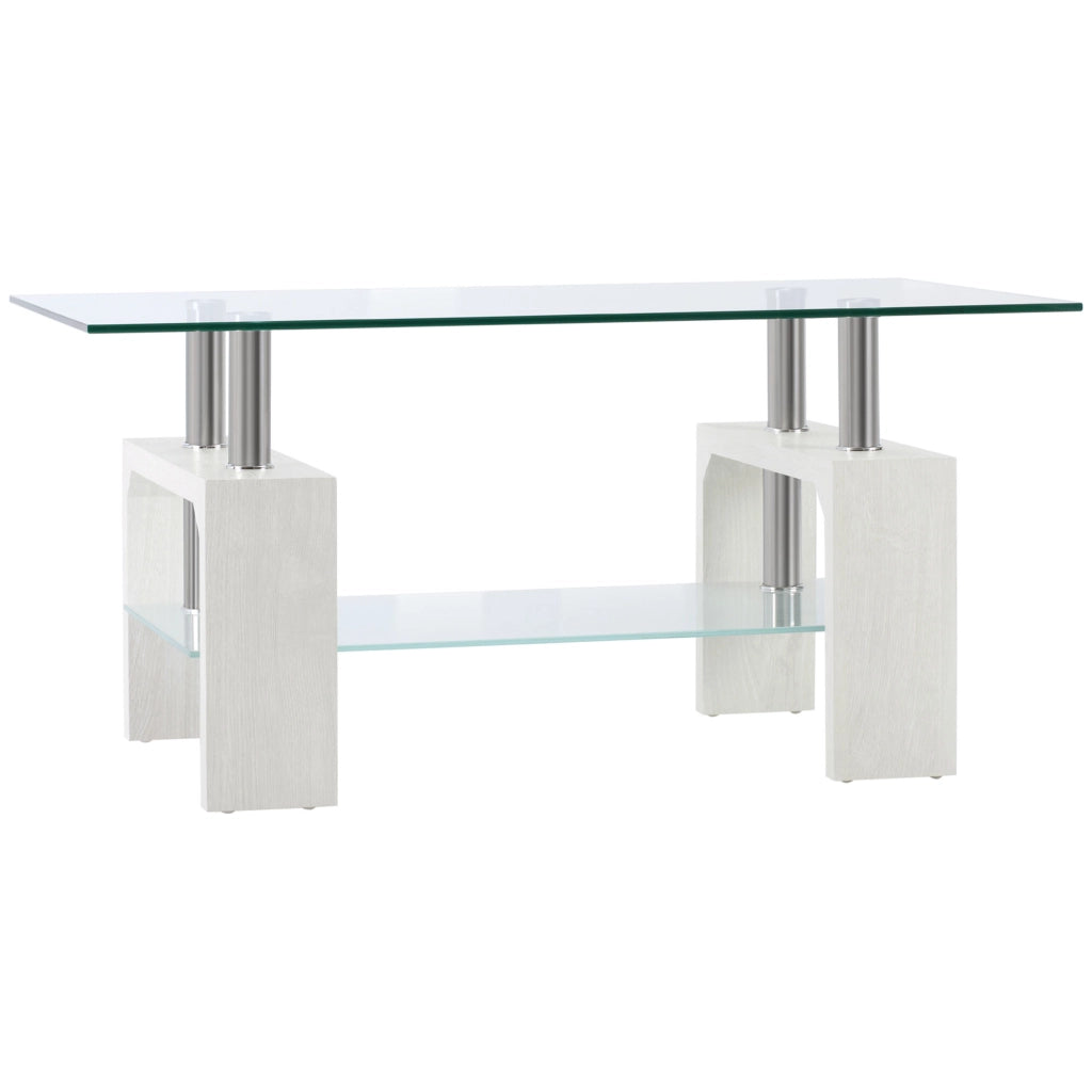 EasyComfort Tavolino da Caffè Moderno a 2 Livelli in Vetro e Legno, 90x50x42cm, Bianco