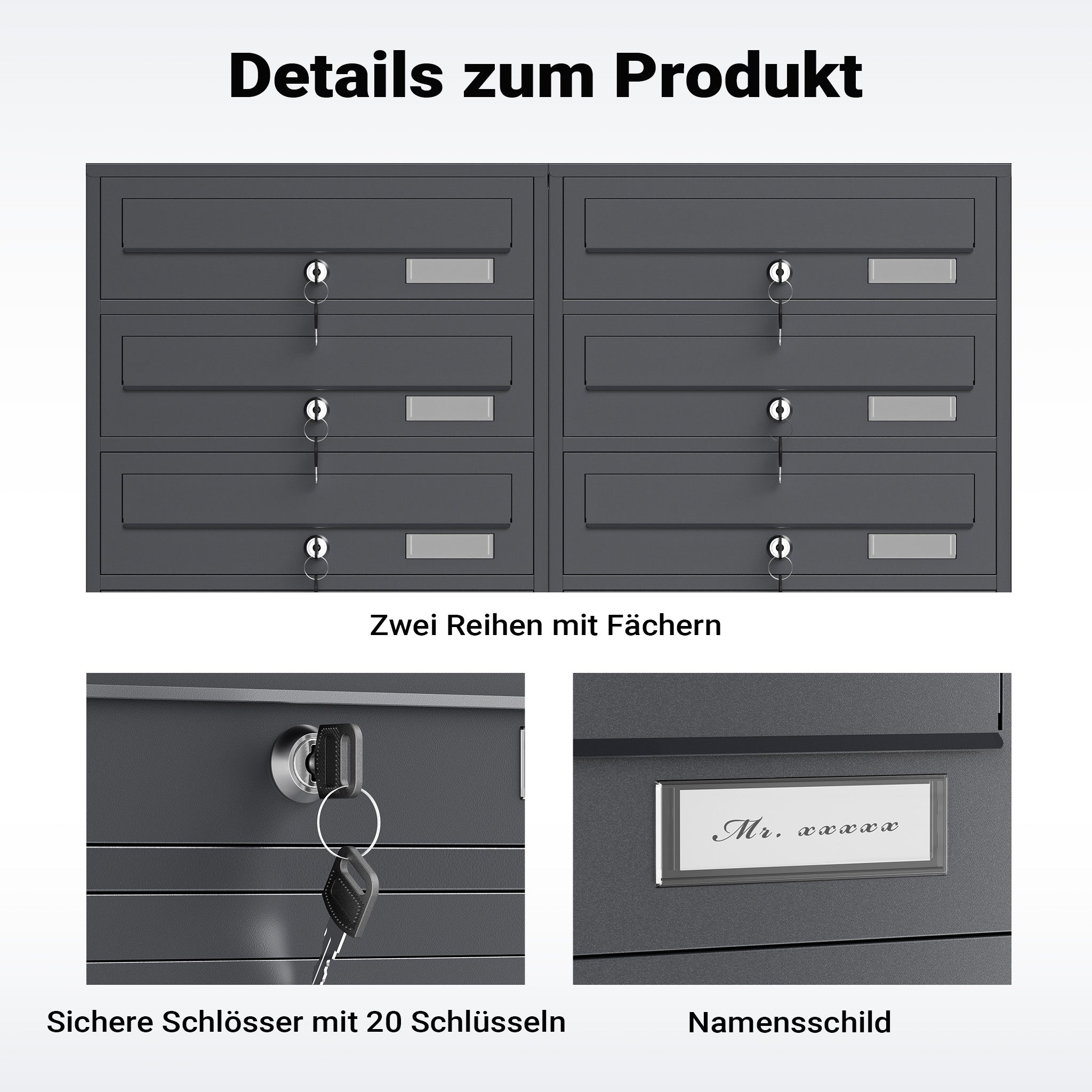 Cassetta postale condominiale autoportante, 10 posti, antracite, 945 x 270 x 1500 mm, 2 moduli