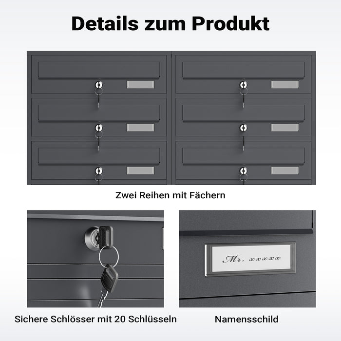 Cassetta postale condominiale autoportante, 10 posti, antracite, 945 x 270 x 1500 mm, 2 moduli