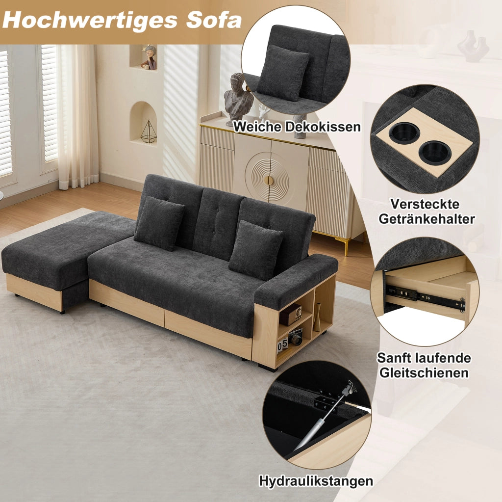 Divano letto grigio in chenille con contenitore e schienale regolabile