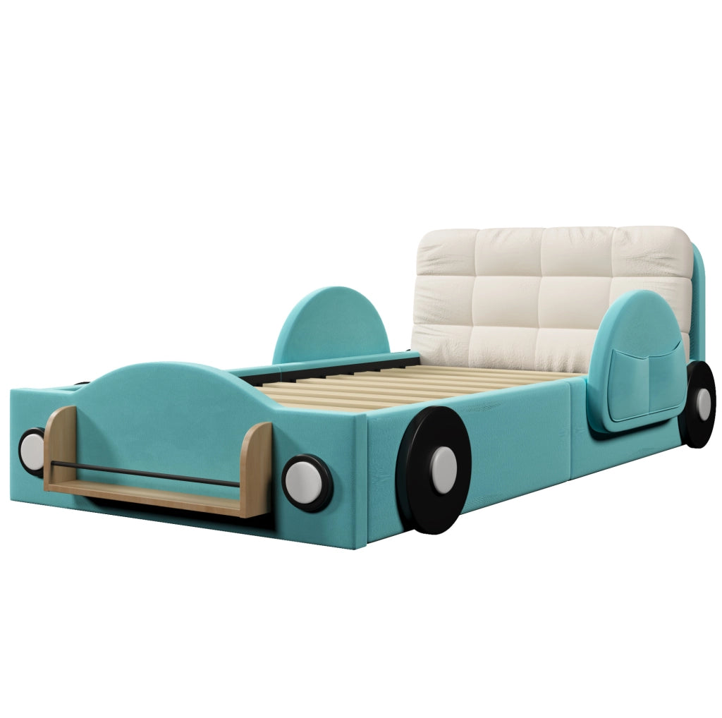 Letto imbottito 90x200 cm con contenitore idraulico; tasche laterali e cuscino grande in flanella blu