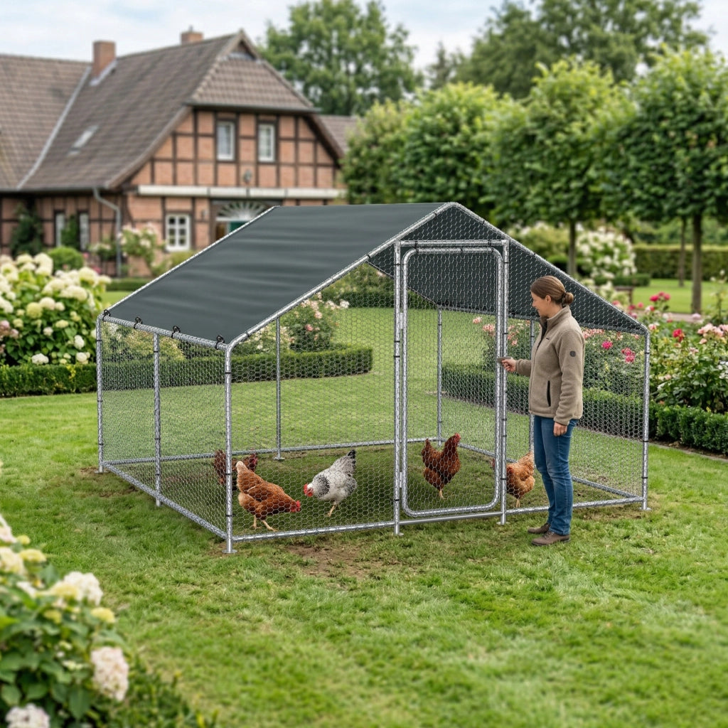 Gabbia per Pollame Wels con Tettuccio Parasole e Recinzione Rete Metallica 3x3x2 m pro.tec