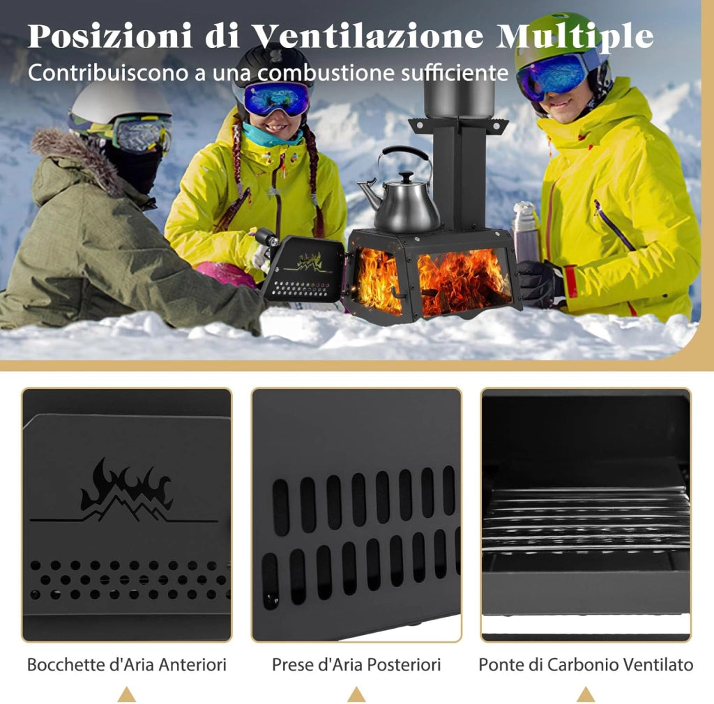 Fornello a Legna Portatile, Fornello da Campeggio a Legna con 2 Posizioni di Cottura, Maniglia Antiscottatura e Finestra in Vetro, per Feste, Campeggio, Escursioni