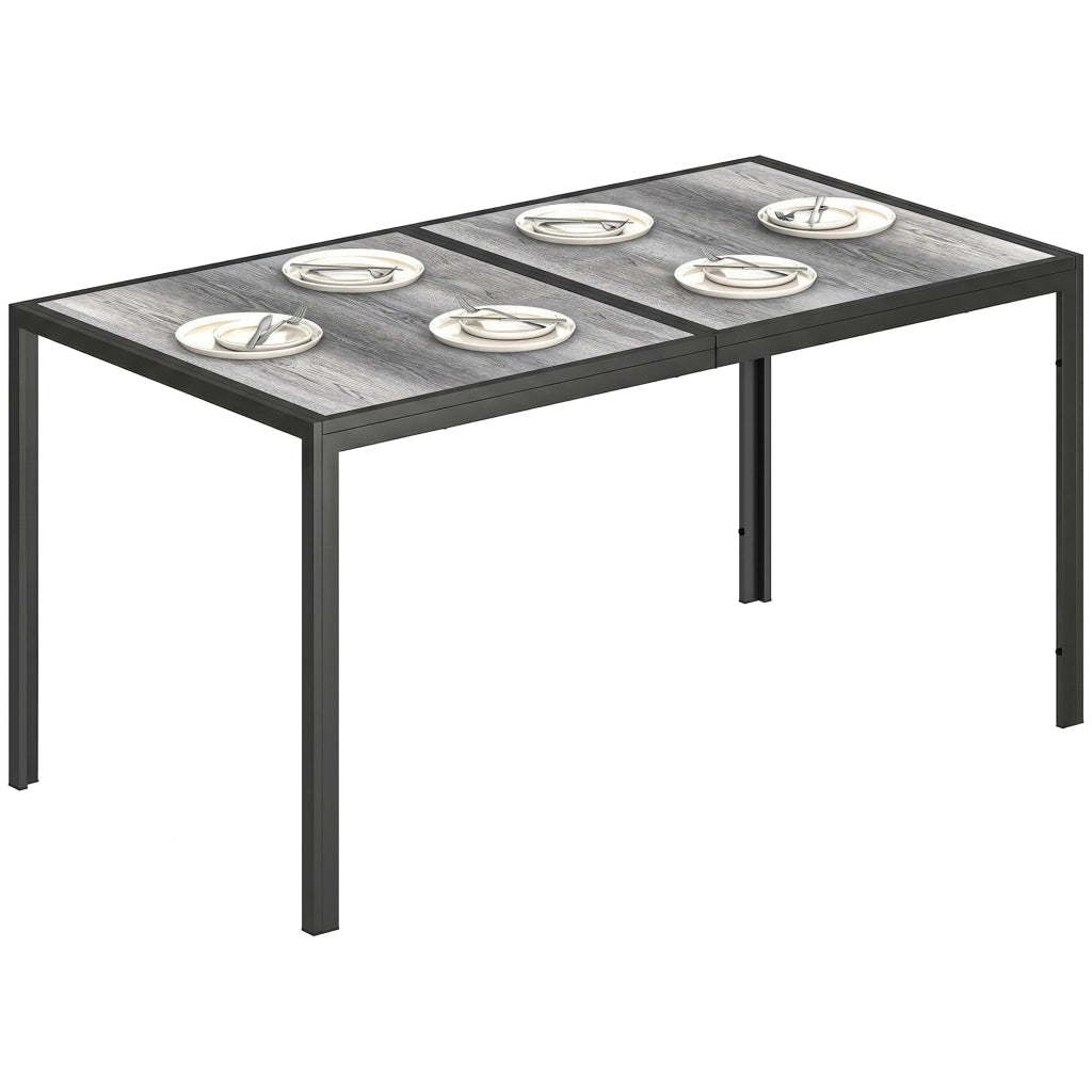 Tavolo da Giardino 4-6 Persone con Piano Effetto Legno, in Acciaio e Plastica PSPC, 150x80x74 cm, Grigio e Nero
