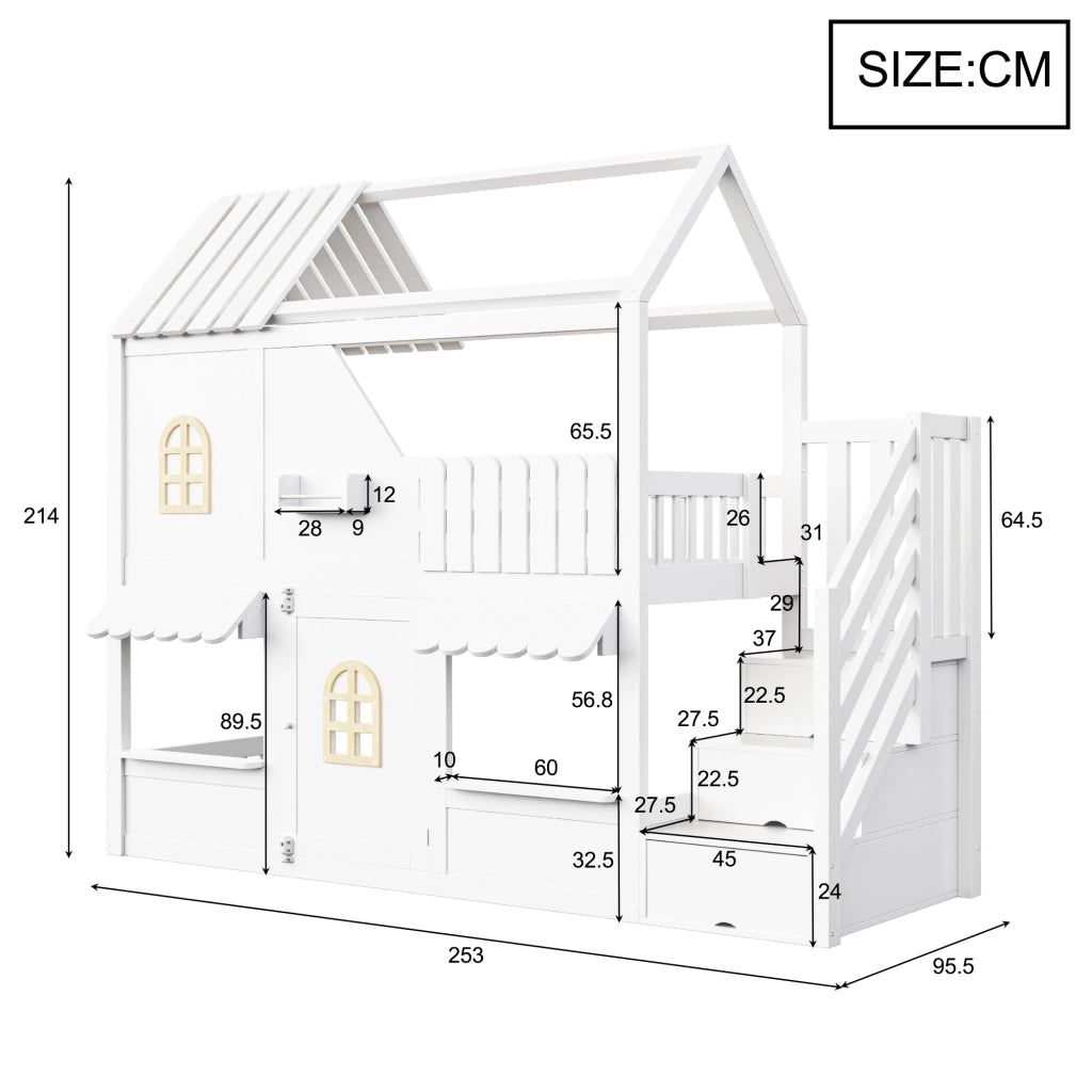 Letto a castello a casetta 90x200 cm con tetto; finestra; porta; scala contenitore; LED e ripiani; legno bianco