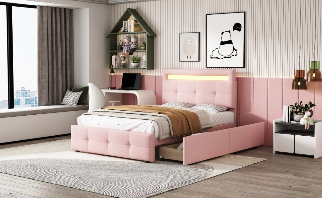DESMIU Letto singolo 90 × 200 cm con 2 cassetti, LED, testiera regolabile, senza materasso, rosa
