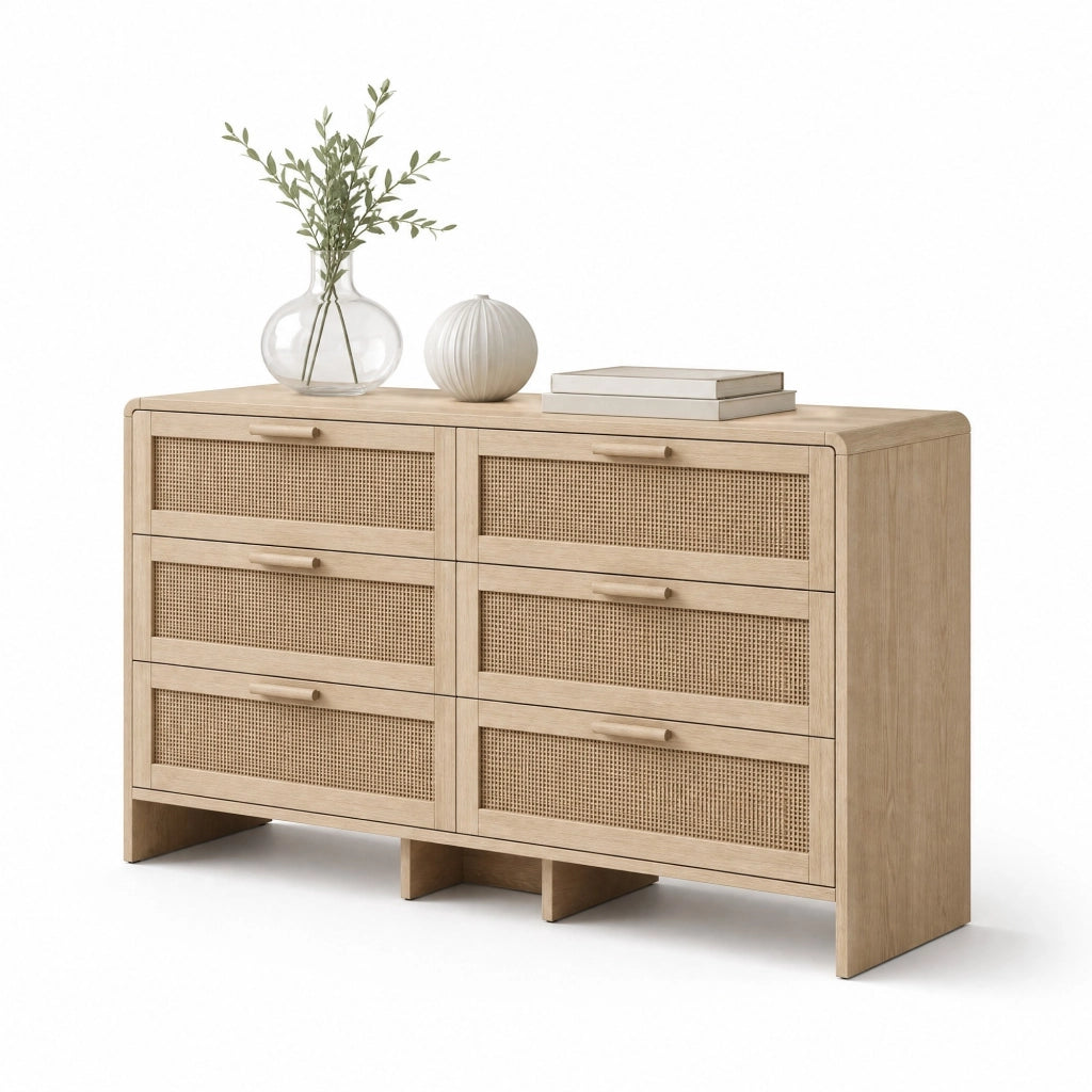 Mobile contenitore ad angolo con 6 cassetti in rattan, finitura naturale, 130 cm
