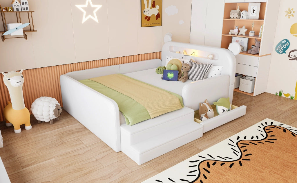 Letto imbottito per bambini con testiera a orso e USB, 140x200 cm, bianco