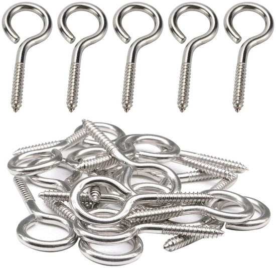 Ferraglie Heavy Duty - 10 Pezzi - Acciaio Inossidabile M5 - 65 mm - Viti a Anello - Filo di Vite in Legno - Per Tende a Sospensione/Stuoie a Sospensione - Viti a Orecchio