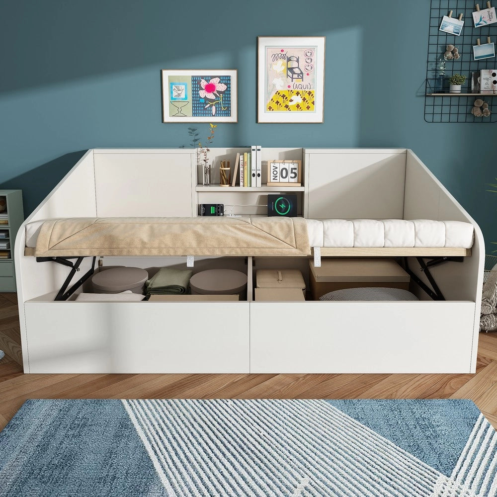Letto Singolo Contenitore 90x190 con USB ¨C MINIMAL ¨C Bianco, Legno, Doghe Incluse