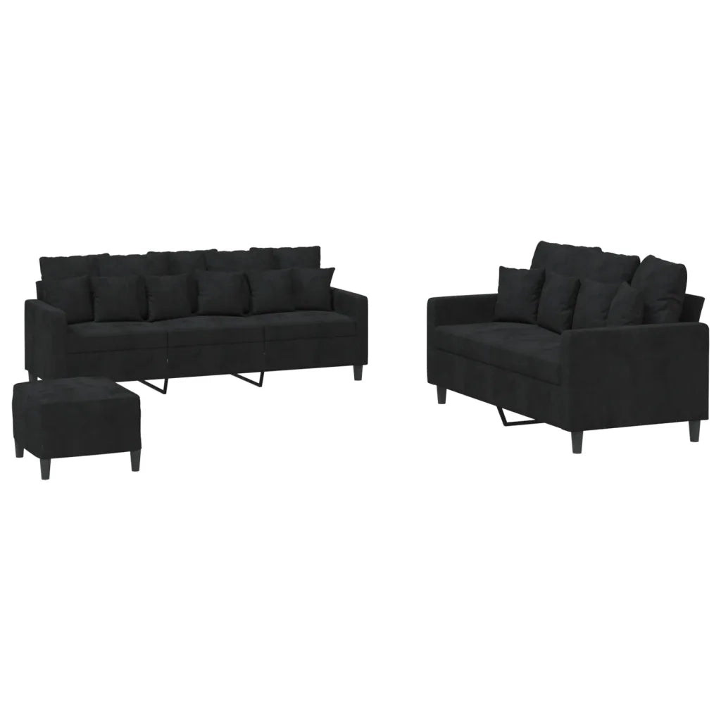 Set di Divani 3 pz con Cuscini Nero in Velluto