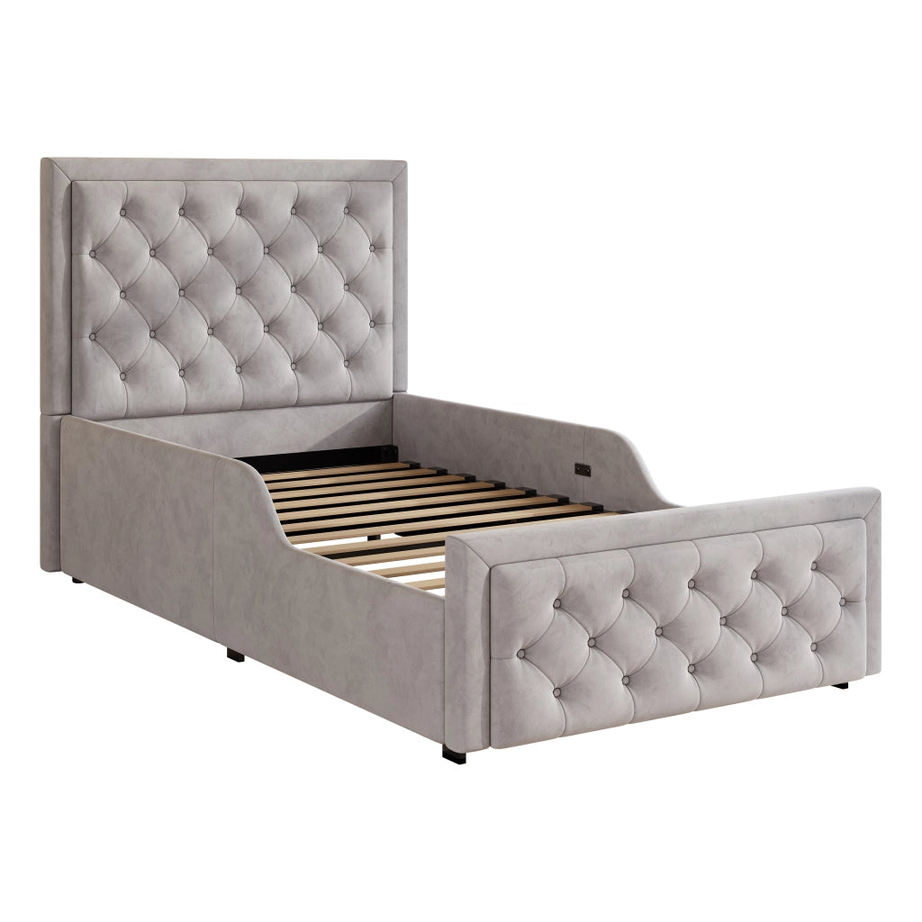 Letto per bambini imbottito 90x200 cm in velluto grigio con contenitore, rete a doghe e testiera trapuntata