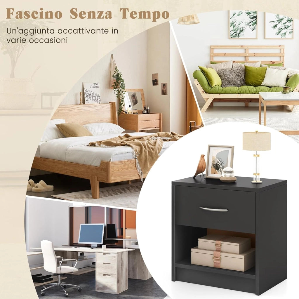 COSTWAY Comodino 38,5 x 28 x 40,5cm in Legno, Tavolino Salvaspazio con Scomparto Aperto e Casseto per Soggiorno e Camera da Letto (Grigio)