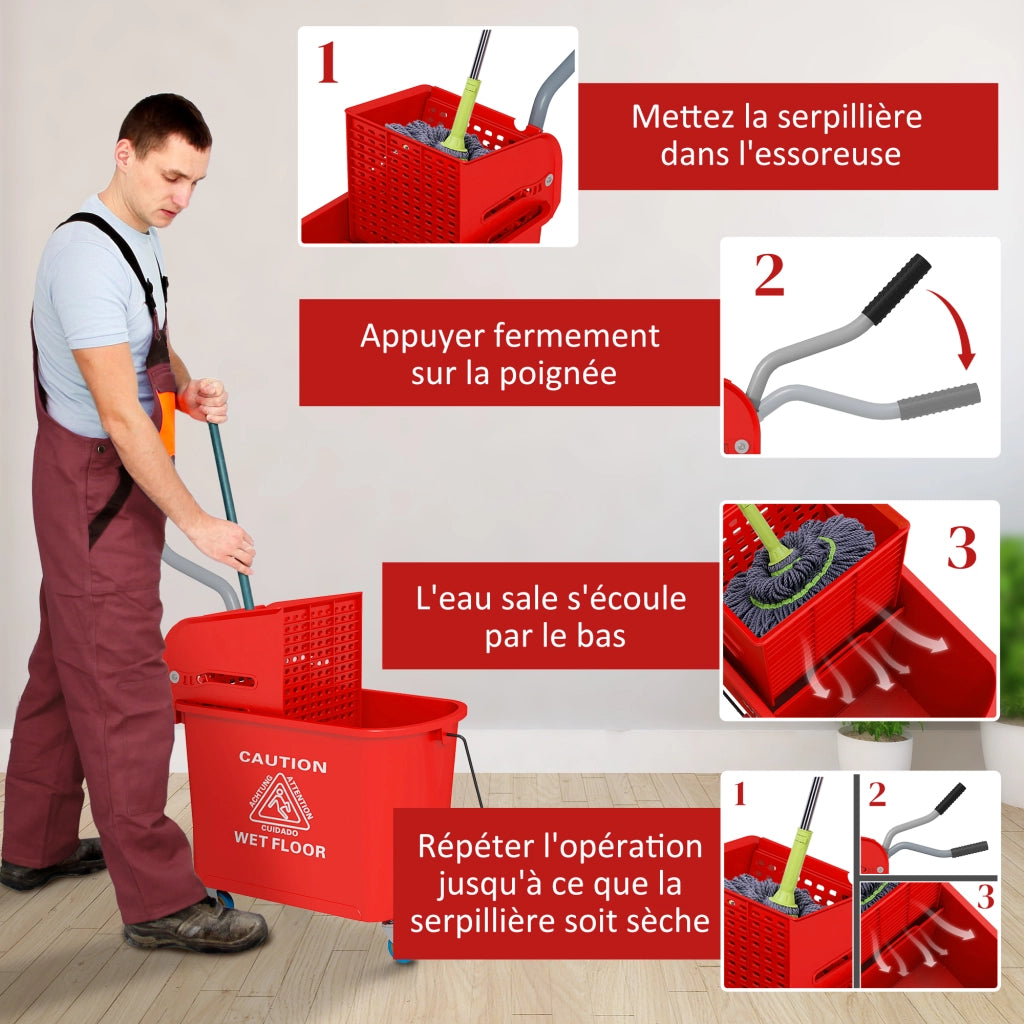 Carrello per pulizia con secchio 20L ¨C zephmum ¨C rosso 60x27x70.5 cm