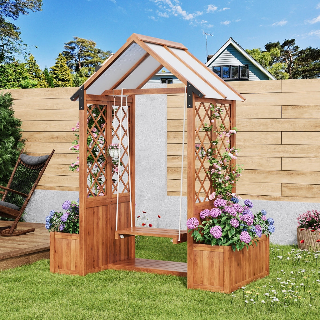Panca da giardino con pergola in legno marrone per piante rampicanti e uso all'aperto
