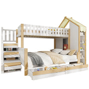 Letto a castello 90×200 cm e 140×200 cm con scala contenitore; barriera e 2 cassetti; senza materasso