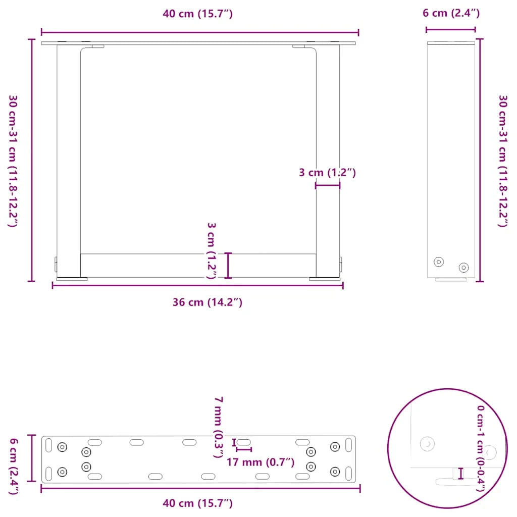 Set di 2 gambe per tavolino da caffè a forma di U 40 x 30 cm con piedini regolabili stile moderno acciaio nero 02_0057372
