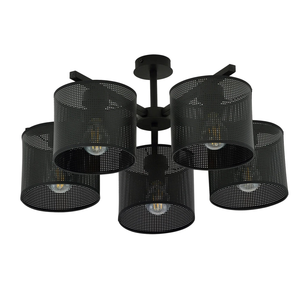 Plafoniera Industrial 5 Luci Cigno In Acciaio Nero E Paralumi A Cilindro