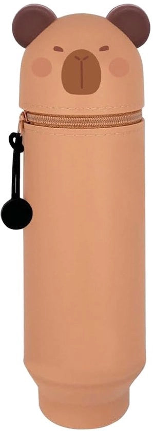 Etui 2-in-1 in silicone, con disegno cartoon, capibara, chiusura a rits, posizionabile in verticale, con contenitore per penne.