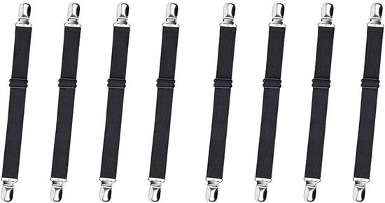 Lacci per letto - 8 pezzi di cinture per lenzuola adattabili - Sostituti di cinture per lenzuola - Cinture per lenzuola - Sostituti di clip per lenzuola - Clip per lenzuola - Adattatori per lenzuola - Adatti per lenzuola - Lacci per lenzuola - Nero