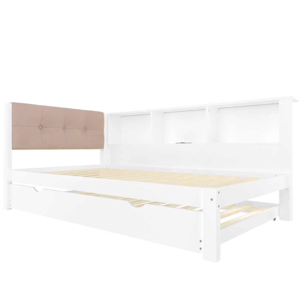 Letto 90x200 cm con letto estraibile; LED e USB in legno bianco