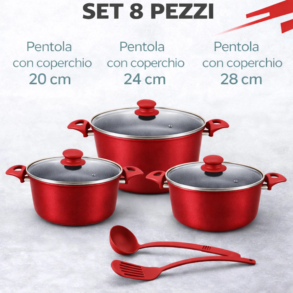 Set 3 Casseruole Milena Rosso con Coperchi e Mestoli Piano Cottura Universale