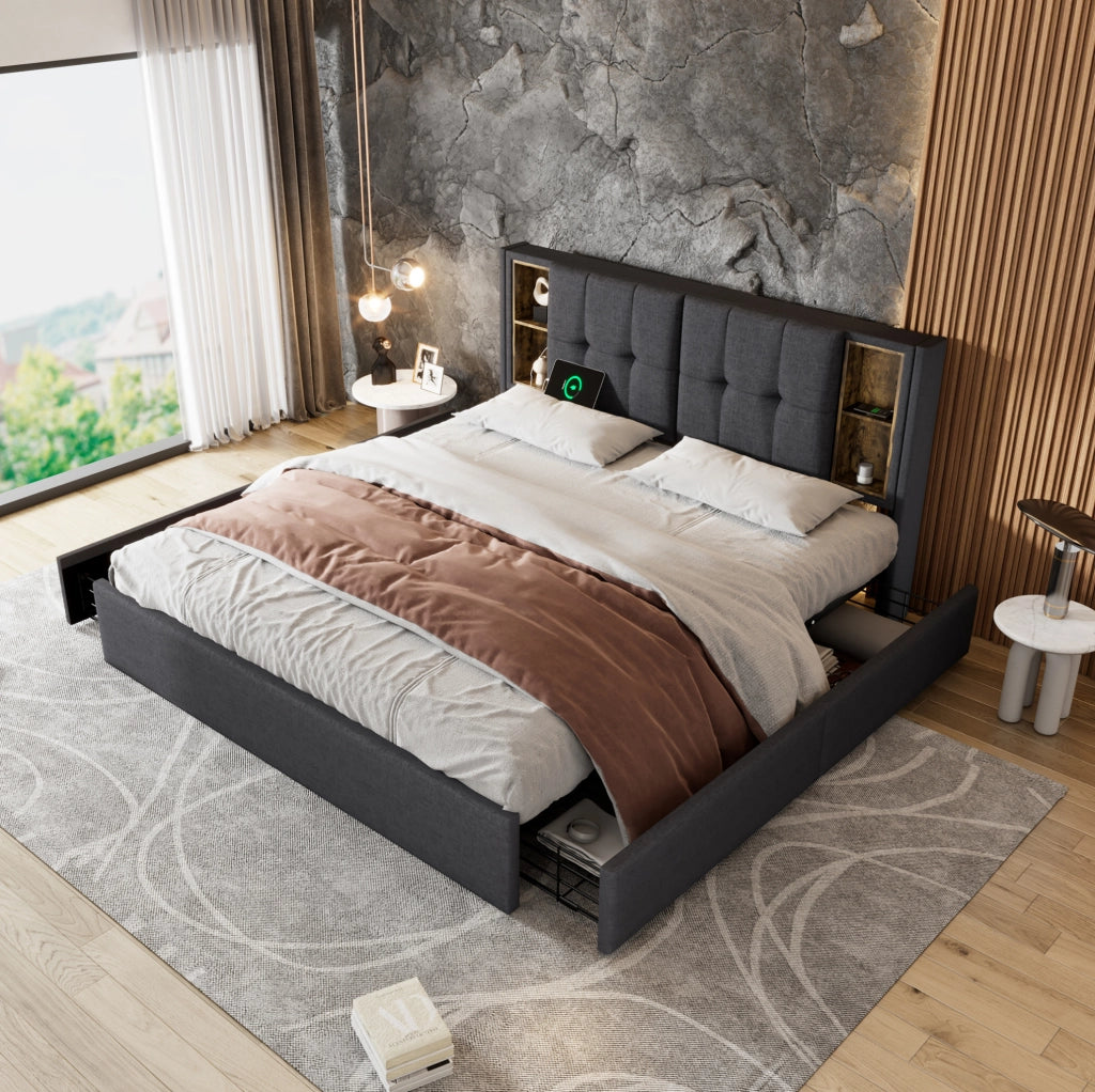 Letto matrimoniale imbottito 160x200 cm con ricarica e cassetti
