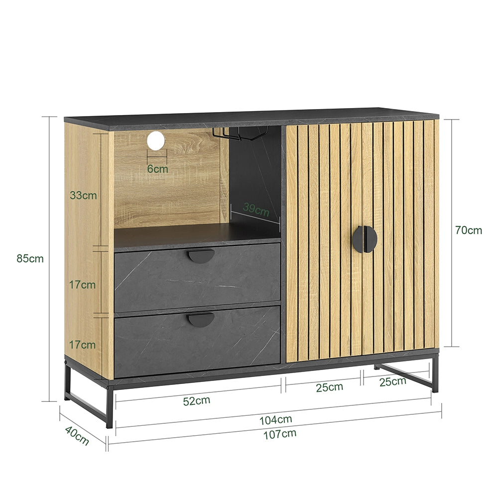 SoBuy mobile cucina salvaspazio, mobiletto cucina – credenza cucina e madia soggiorno con vano microonde Ø6cm, 2 cassetti, anta a lamelle, ripiano regolabile, gambe in metallo, 107×40×85 cm FSB103-N