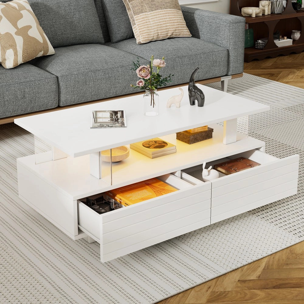 Tavolino da caff¨¨ rettangolare con LED e cassetti ¨C Minimal ¨C Bianco, doppio ripiano, 100x50x45