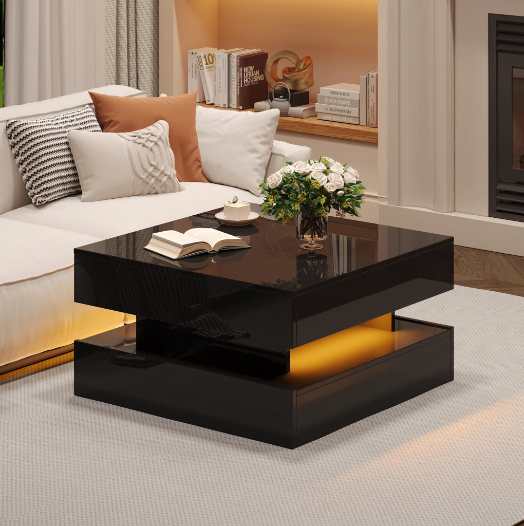 Tavolino da caffè elevabile LED nero 65x65 cm con 2 cassetti