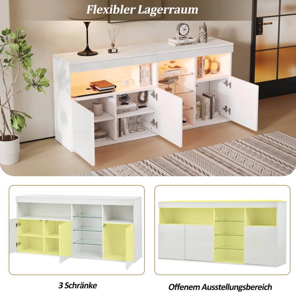 Credenza soggiorno bianca con LED e ante lucide