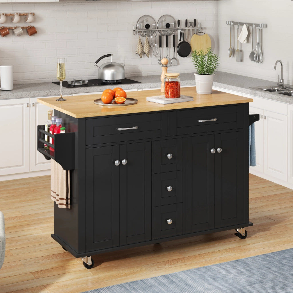 Carrello da Cucina con 5 Cassetti; 2 Armadietti; Piano Pieghevole e Ruote; MDF; Nero Naturale; 140 x 40 x 89 cm
