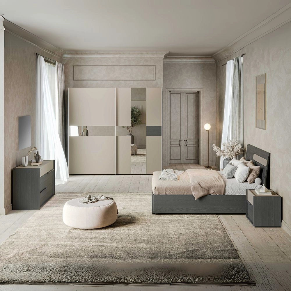 Camera da letto Tania grigio e talco armadio scorrevole con specchi e letto contenitore in legno